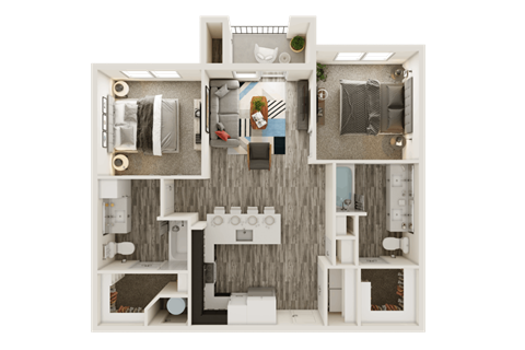 Floor plan for 2 beds, 2 baths, 970 sqft